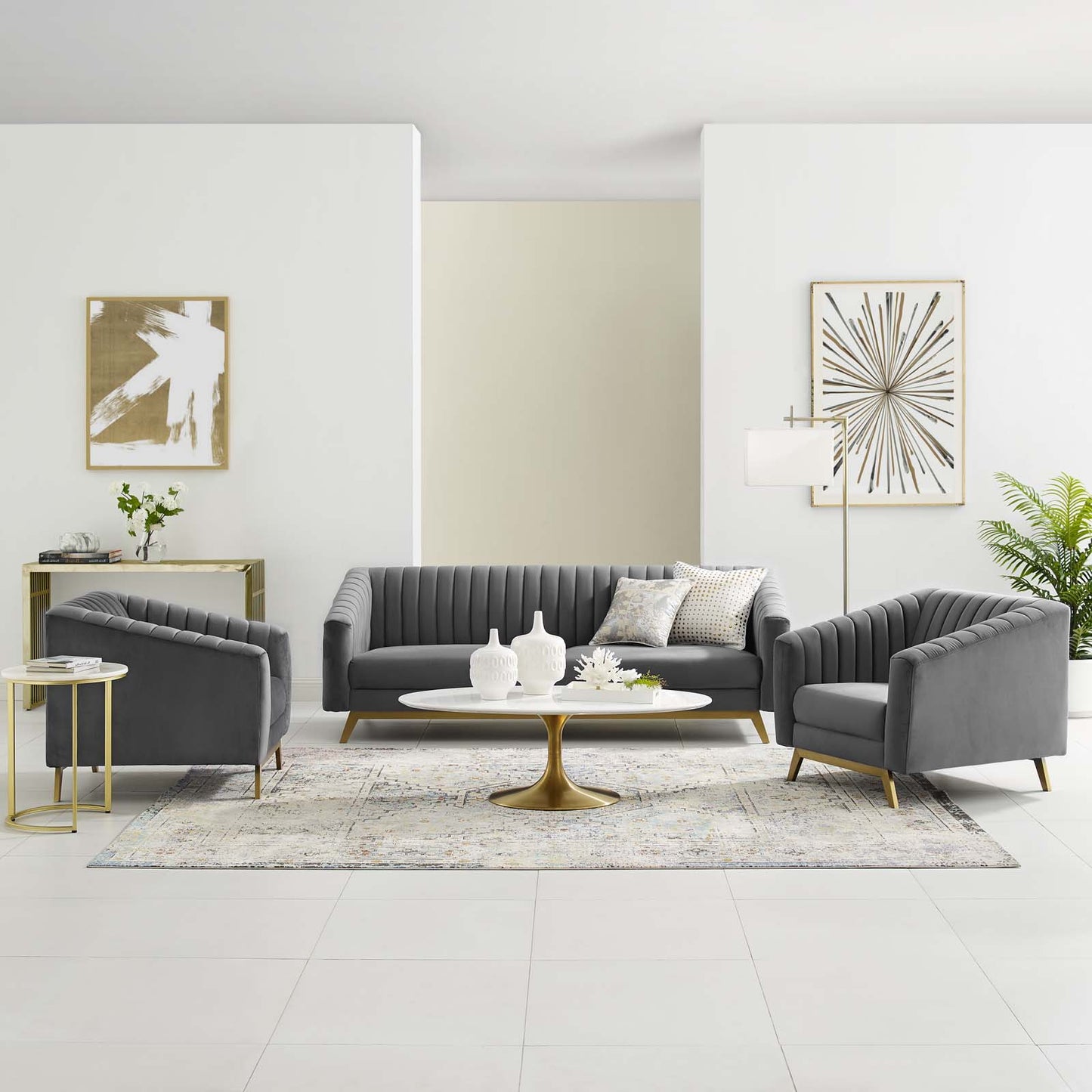 Valiant Vertical Channel Tufted Upholstered Performance Velvet 3 Piece Set, Velvet, Grey Gray, 19348