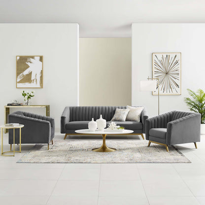 Valiant Vertical Channel Tufted Upholstered Performance Velvet 3 Piece Set, Velvet, Grey Gray, 19348