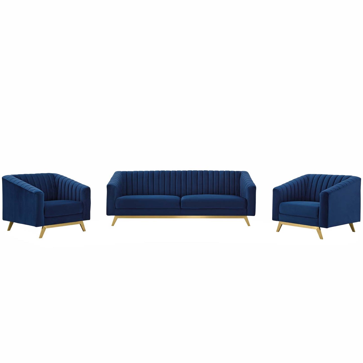 Valiant Vertical Channel Tufted Upholstered Performance Velvet 3 Piece Set, Velvet, Blue Navy, 19349