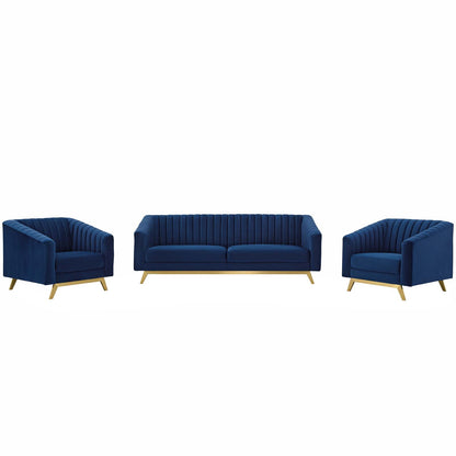 Valiant Vertical Channel Tufted Upholstered Performance Velvet 3 Piece Set, Velvet, Blue Navy, 19349