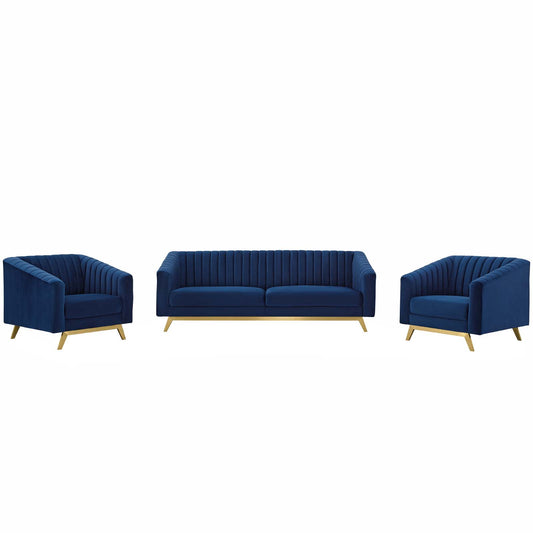 Valiant Vertical Channel Tufted Upholstered Performance Velvet 3 Piece Set, Velvet, Blue Navy, 19349