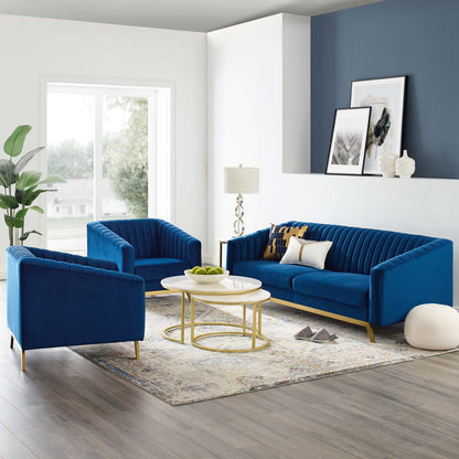 Valiant Vertical Channel Tufted Upholstered Performance Velvet 3 Piece Set, Velvet, Blue Navy, 19349