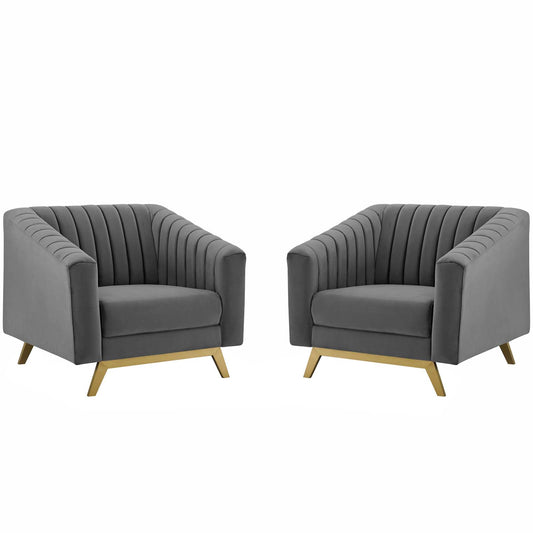 Valiant Vertical Channel Tufted Upholstered Performance Velvet Armchair Set of 2, Velvet, Grey Gray, 19350