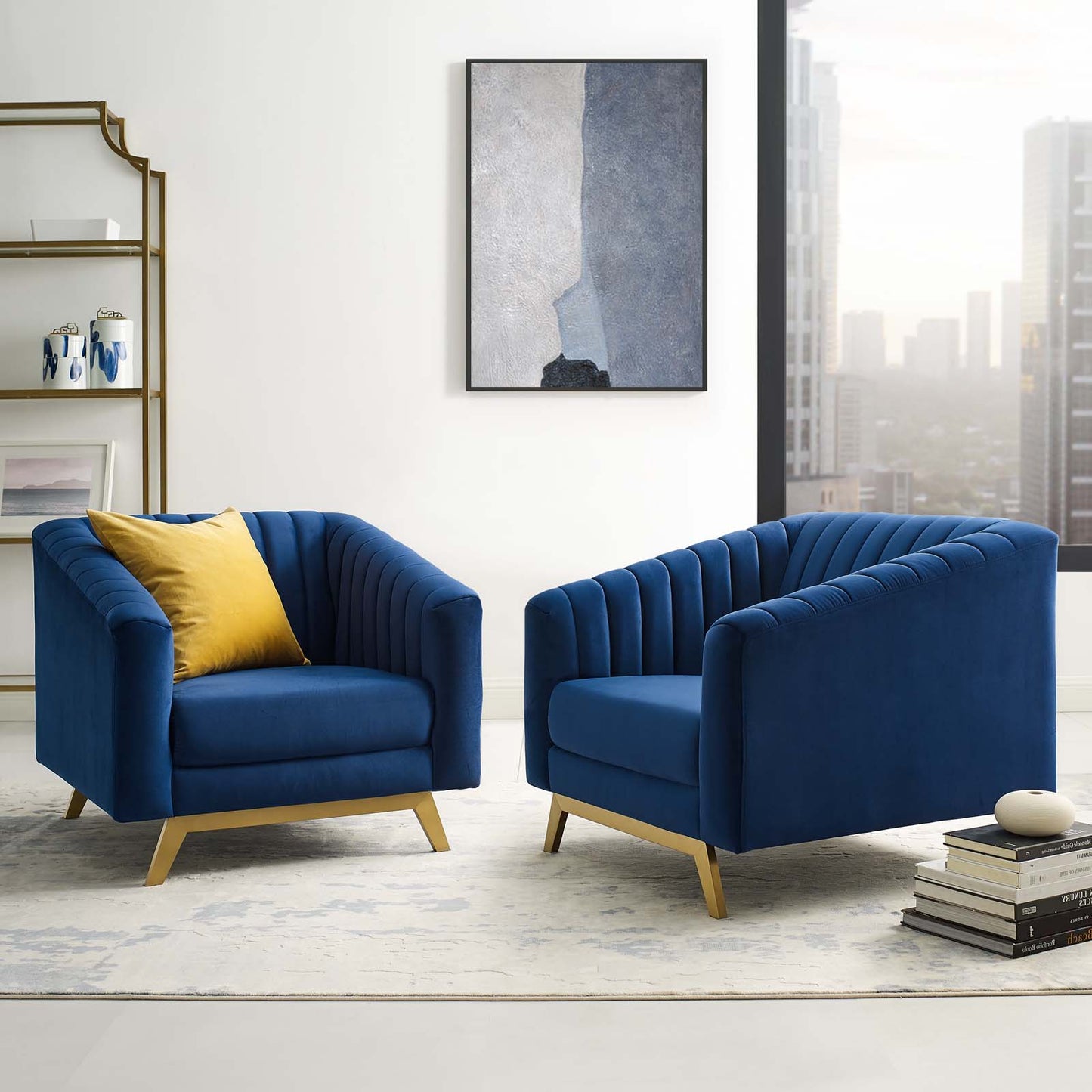 Valiant Vertical Channel Tufted Upholstered Performance Velvet Armchair Set of 2, Velvet, Blue Navy, 19351