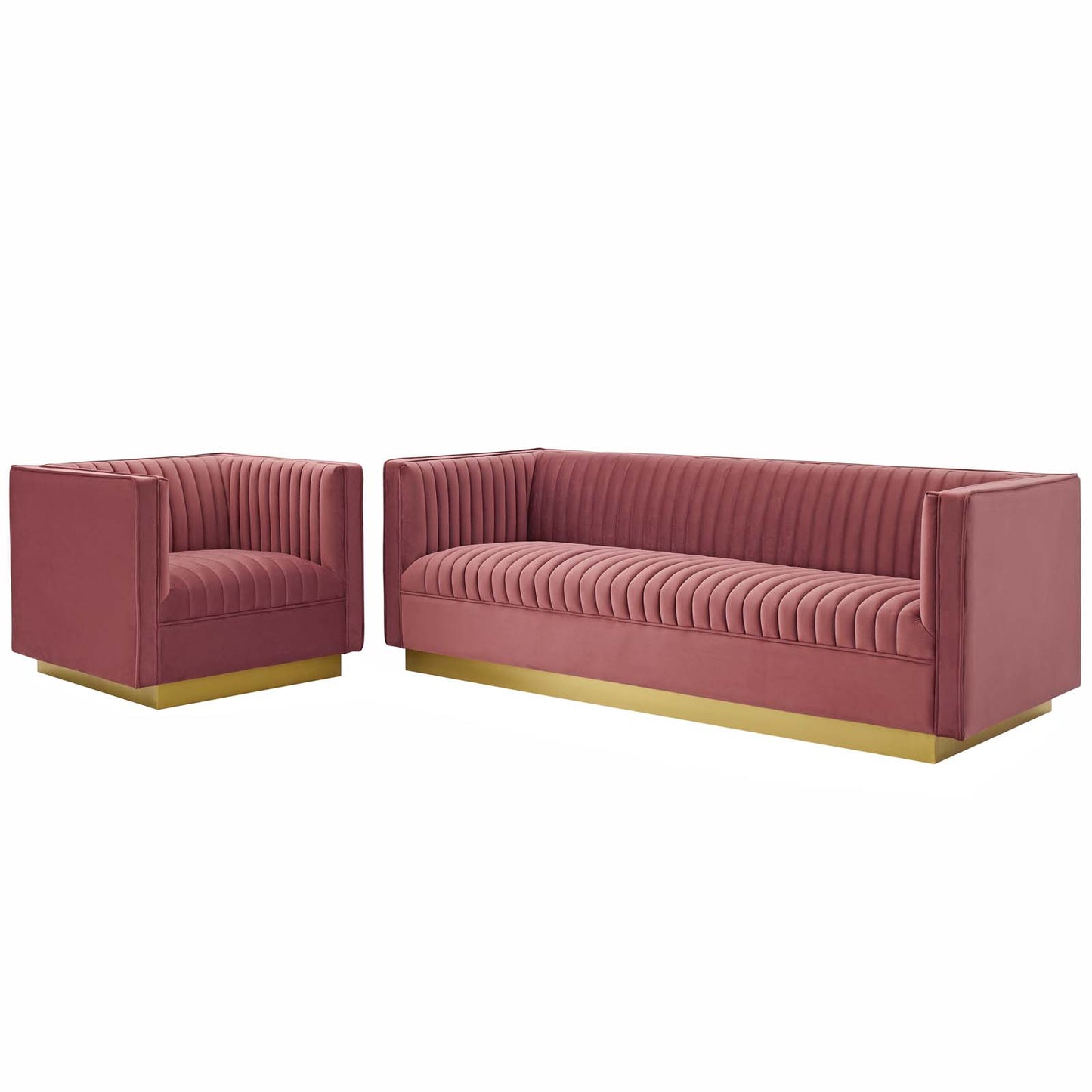 Sanguine Vertical Channel Tufted Upholstered Performance Velvet Sofa and Armchair Set, Velvet, Pink, 19352