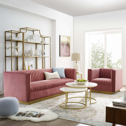 Sanguine Vertical Channel Tufted Upholstered Performance Velvet Sofa and Armchair Set, Velvet, Pink, 19352