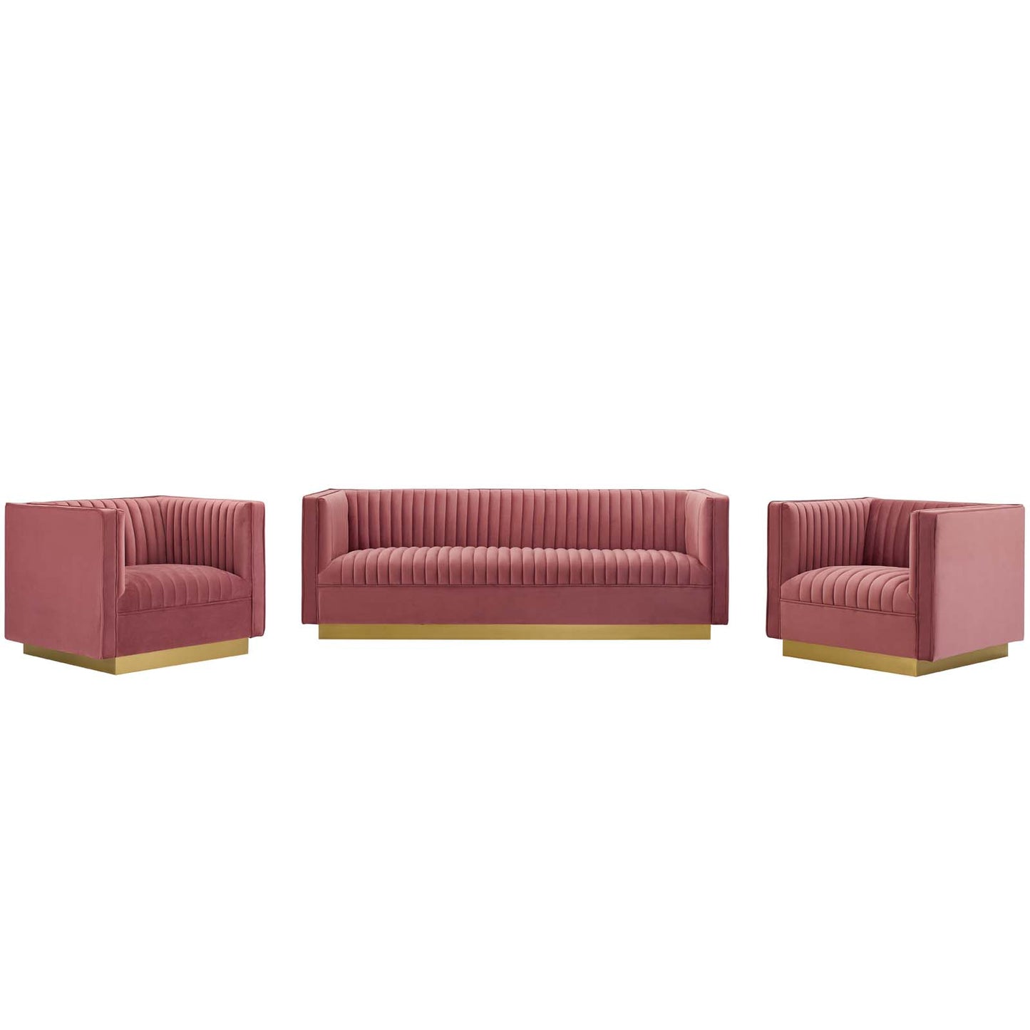 Sanguine 3 Piece Vertical Channel Tufted Upholstered Performance Velvet Set, Velvet, Pink, 19355