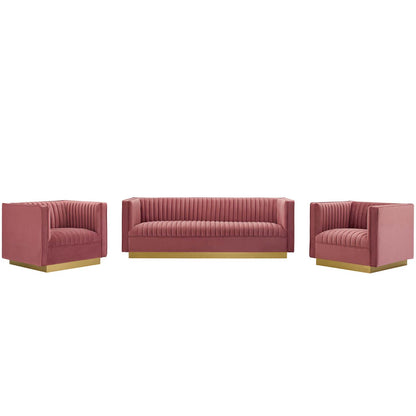 Sanguine 3 Piece Vertical Channel Tufted Upholstered Performance Velvet Set, Velvet, Pink, 19355