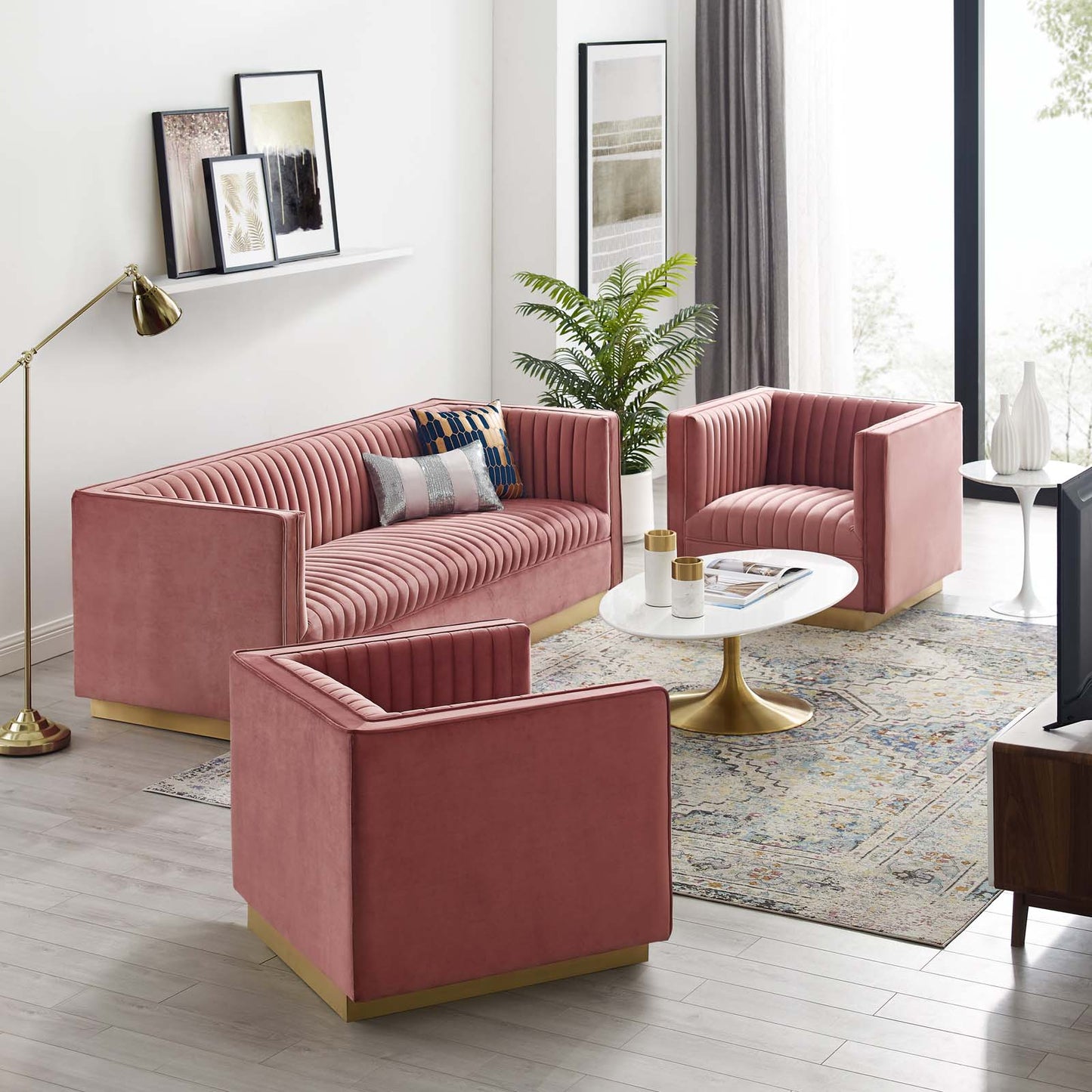 Sanguine 3 Piece Vertical Channel Tufted Upholstered Performance Velvet Set, Velvet, Pink, 19355