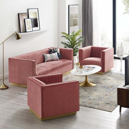 Sanguine 3 Piece Vertical Channel Tufted Upholstered Performance Velvet Set, Velvet, Pink, 19355