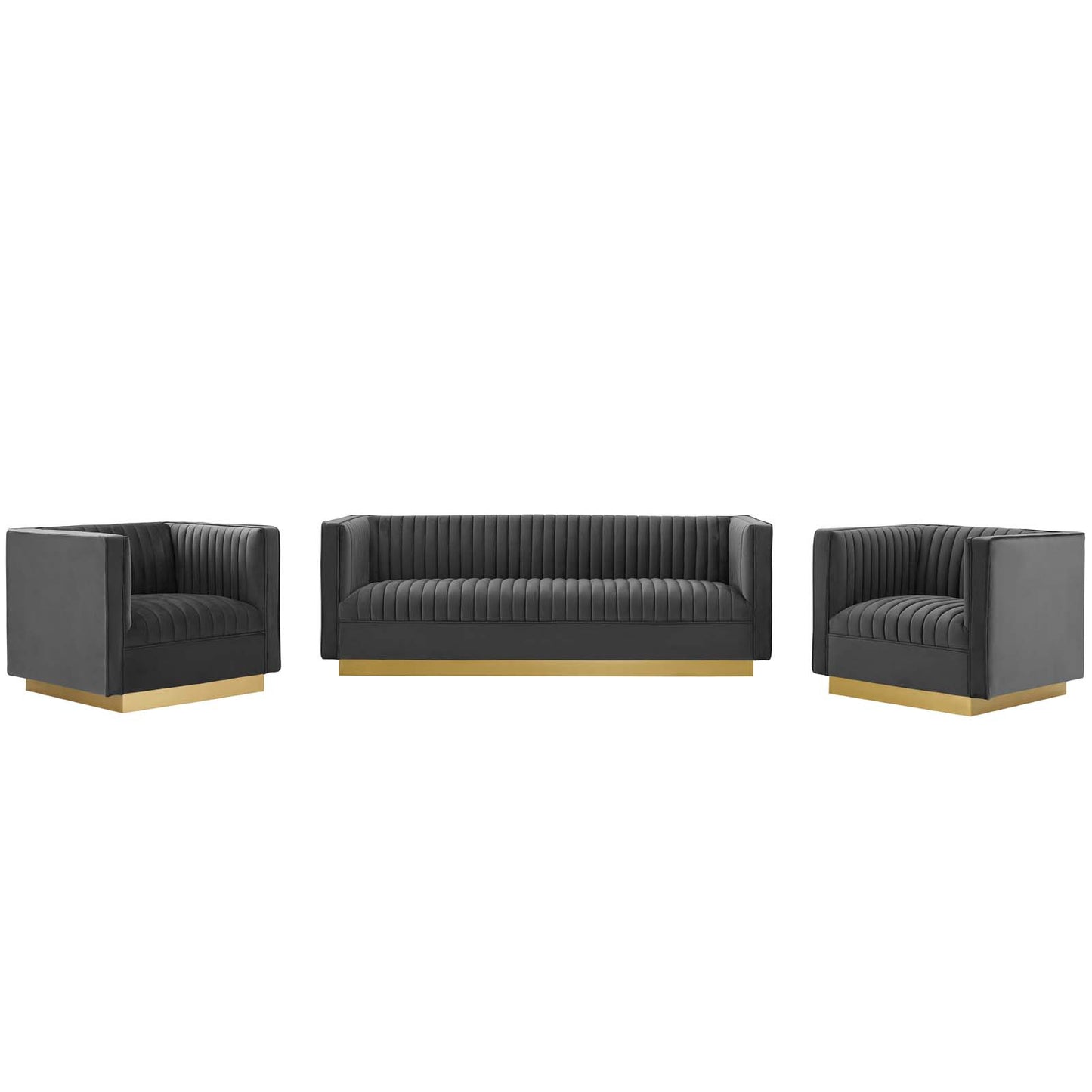 Sanguine 3 Piece Vertical Channel Tufted Upholstered Performance Velvet Set, Velvet, Grey Gray, 19356