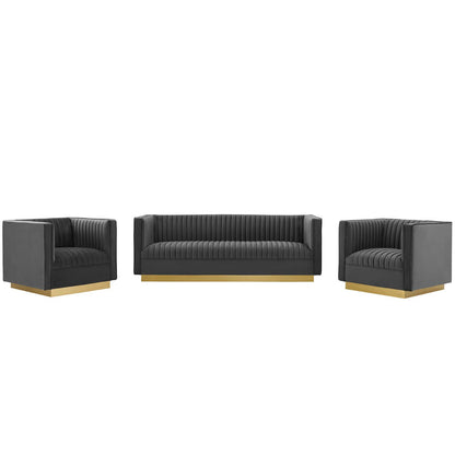 Sanguine 3 Piece Vertical Channel Tufted Upholstered Performance Velvet Set, Velvet, Grey Gray, 19356