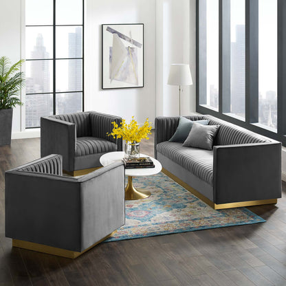 Sanguine 3 Piece Vertical Channel Tufted Upholstered Performance Velvet Set, Velvet, Grey Gray, 19356