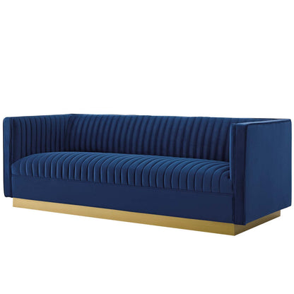 Sanguine 3 Piece Vertical Channel Tufted Upholstered Performance Velvet Set, Velvet, Blue Navy, 19357