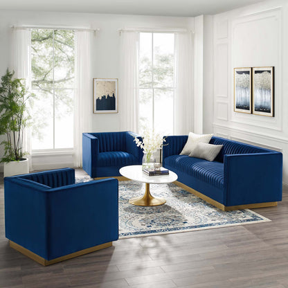 Sanguine 3 Piece Vertical Channel Tufted Upholstered Performance Velvet Set, Velvet, Blue Navy, 19357