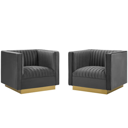 Sanguine Vertical Channel Tufted Upholstered Performance Velvet Armchair Set of 2, Velvet, Grey Gray, 19359