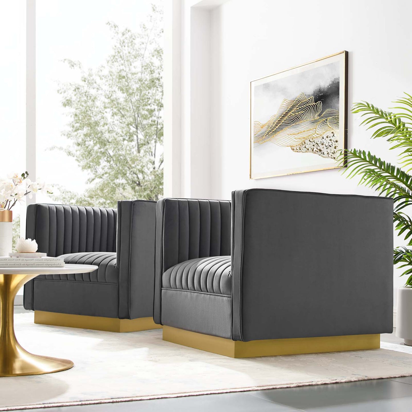 Sanguine Vertical Channel Tufted Upholstered Performance Velvet Armchair Set of 2, Velvet, Grey Gray, 19359