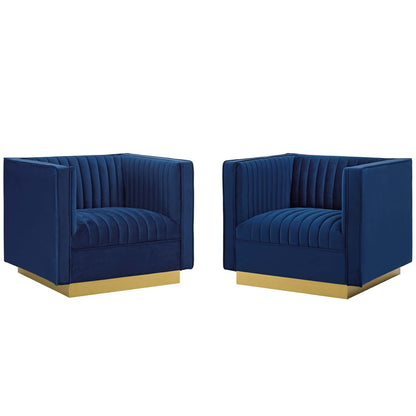 Sanguine Vertical Channel Tufted Upholstered Performance Velvet Armchair Set of 2, Velvet, Blue Navy, 19360
