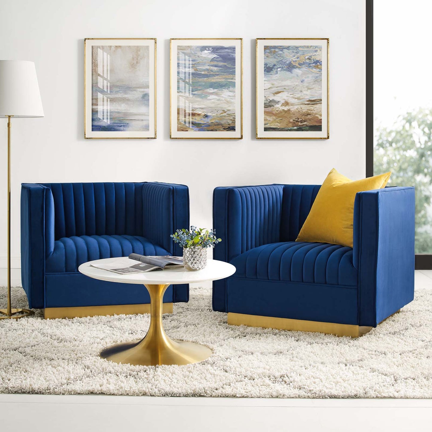 Sanguine Vertical Channel Tufted Upholstered Performance Velvet Armchair Set of 2, Velvet, Blue Navy, 19360