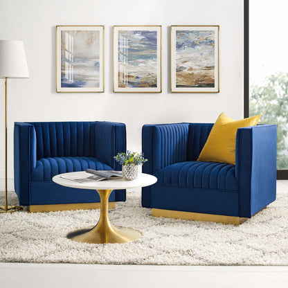 Sanguine Vertical Channel Tufted Upholstered Performance Velvet Armchair Set of 2, Velvet, Blue Navy, 19360