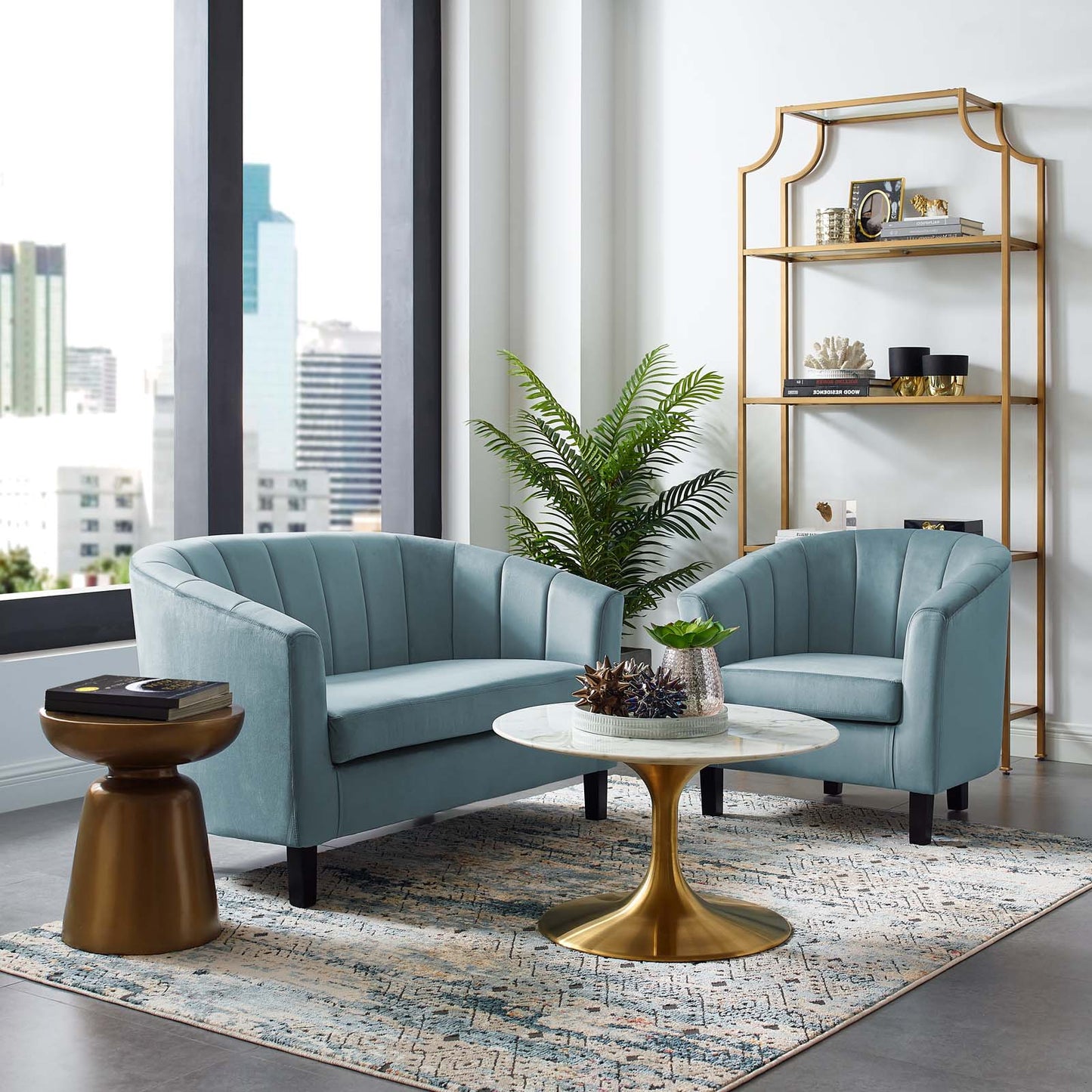 Prospect Channel Tufted Performance Velvet Loveseat and Armchair Set, Velvet, Light Blue, 19364