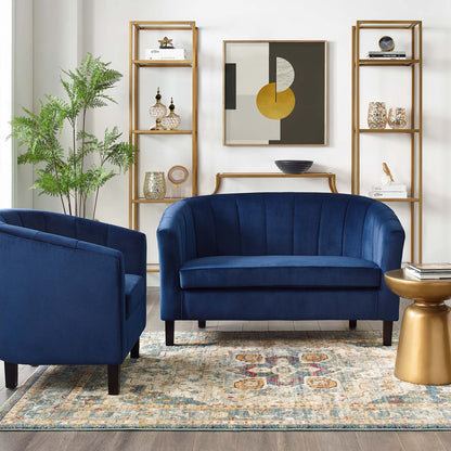 Prospect Channel Tufted Performance Velvet Loveseat and Armchair Set, Velvet, Blue Navy, 19365