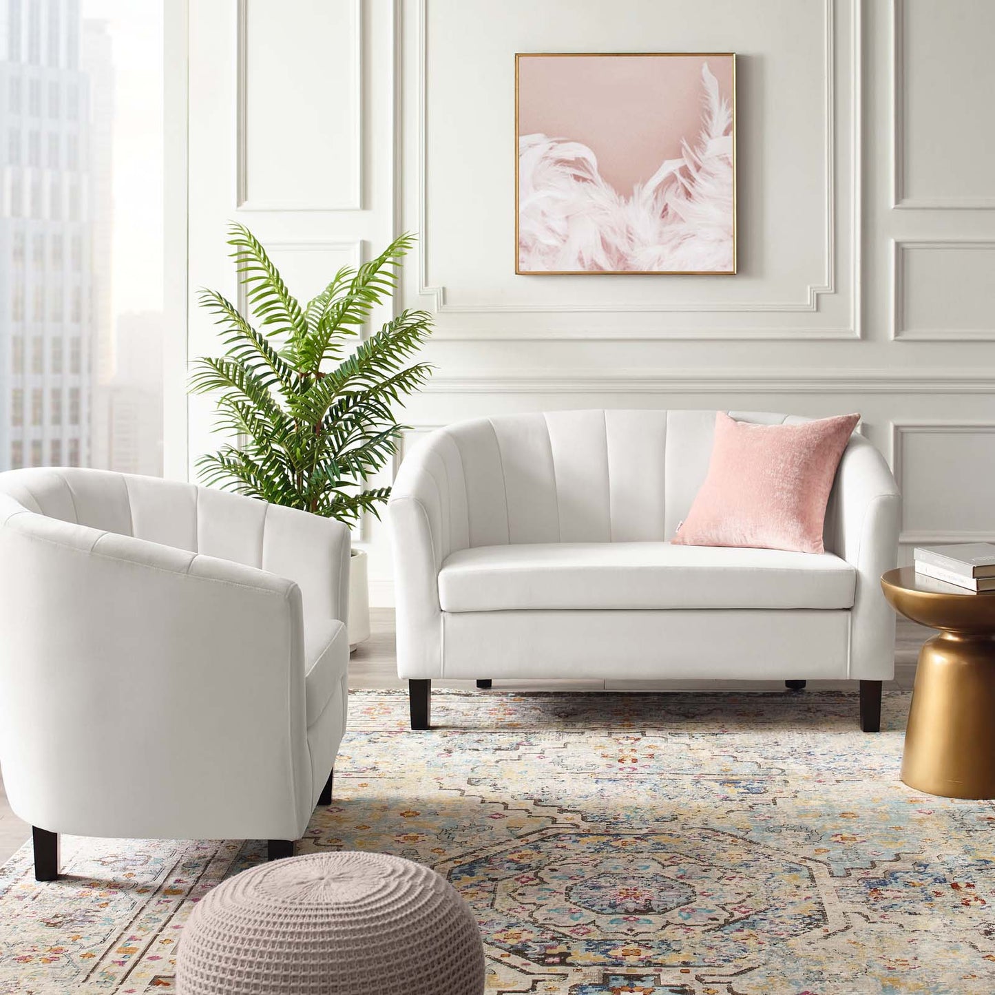 Prospect Channel Tufted Performance Velvet Loveseat and Armchair Set, Velvet, White, 19367