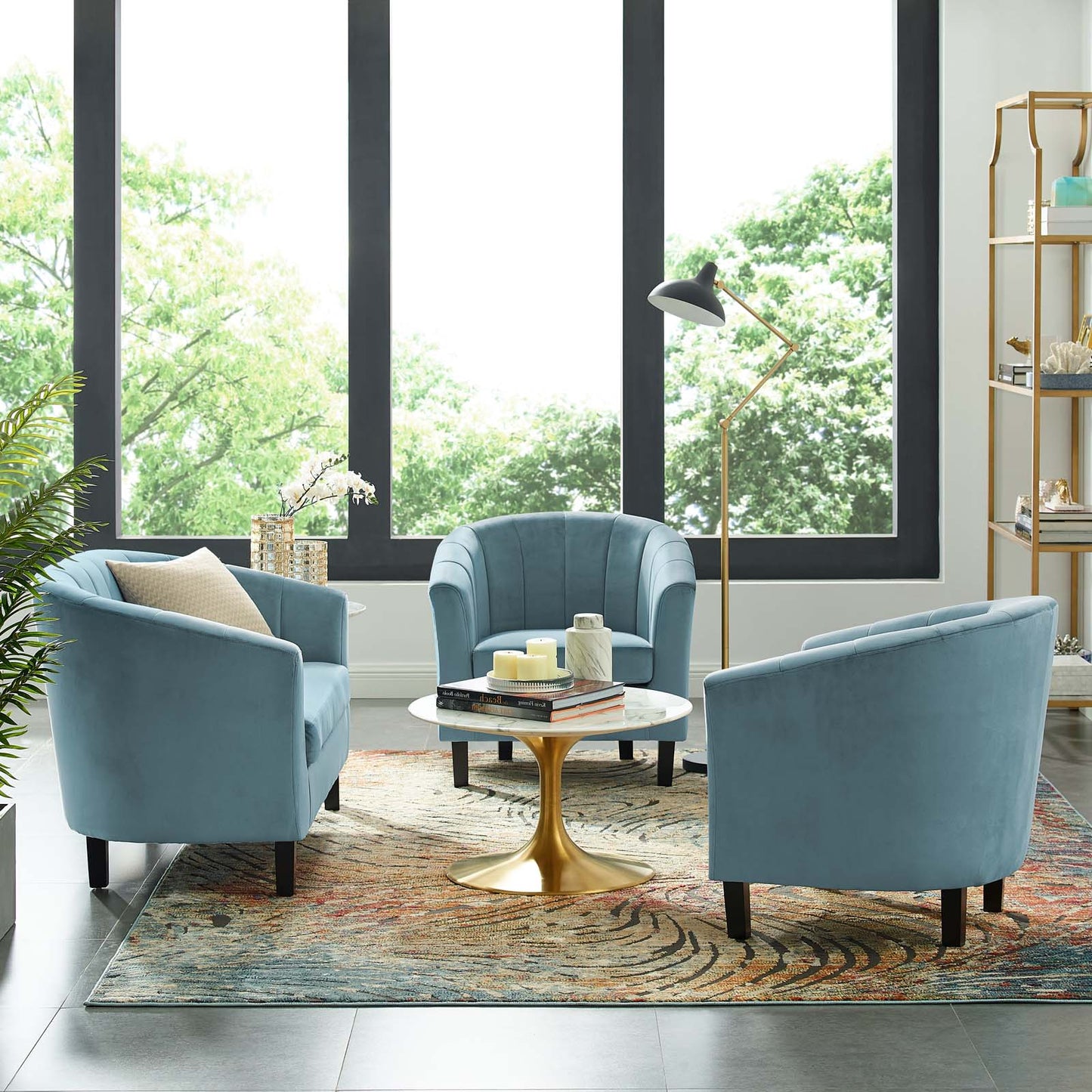 Prospect Channel Tufted 3 Piece Performance Velvet Set, Velvet, Light Blue, 19371