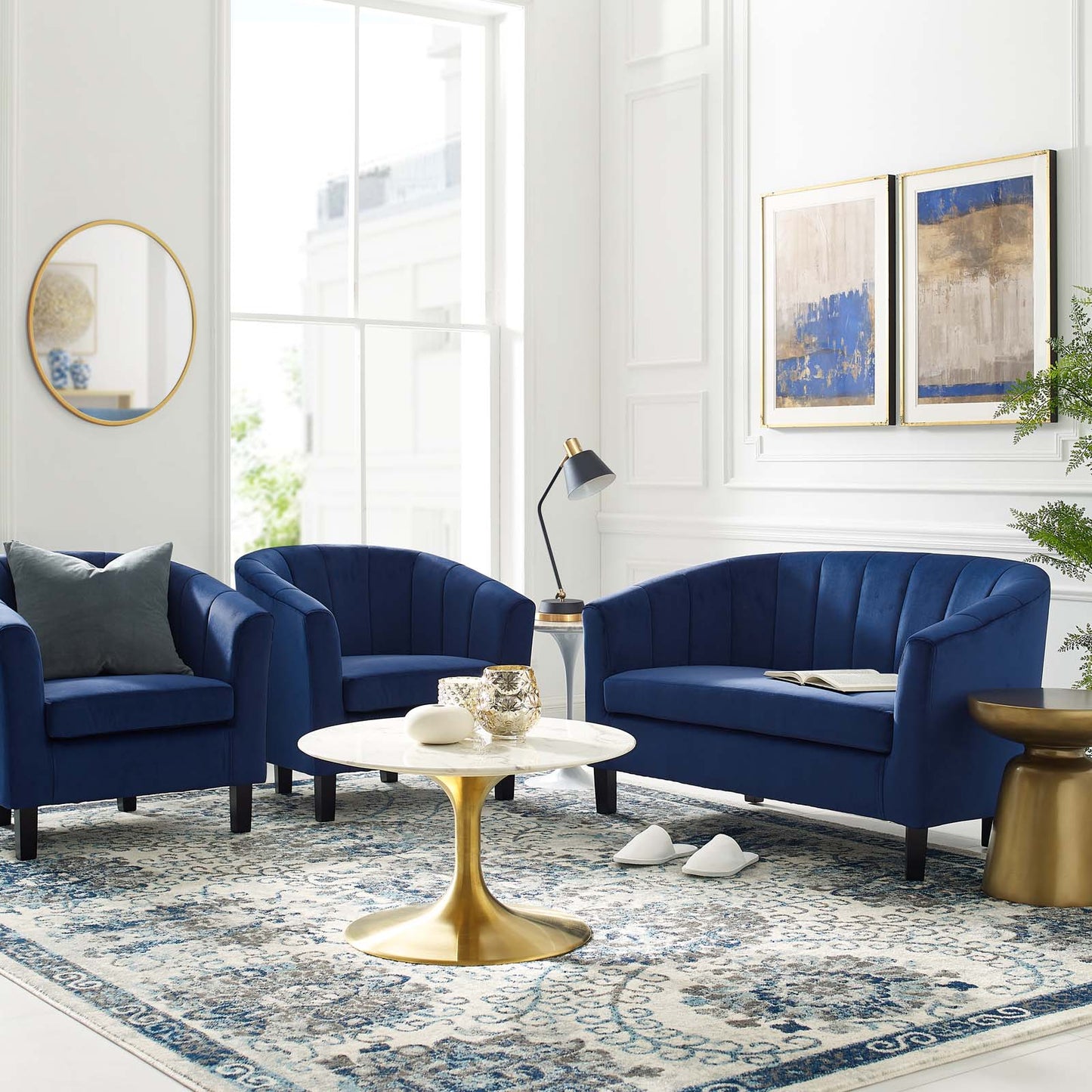 Prospect Channel Tufted 3 Piece Performance Velvet Set, Velvet, Blue Navy, 19372