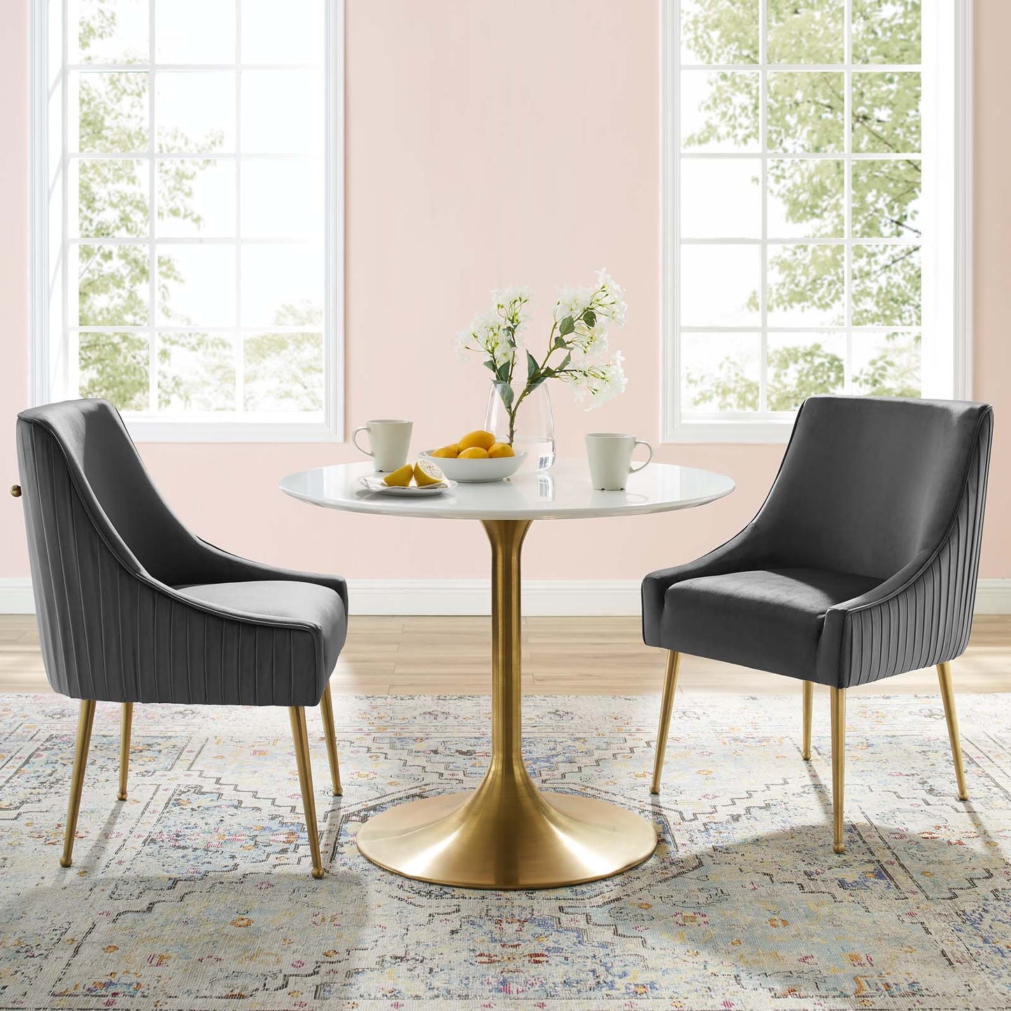 Discern Pleated Back Upholstered Performance Velvet Dining Chair Set of 2, Velvet, Metal Steel, Grey Gray, 19381