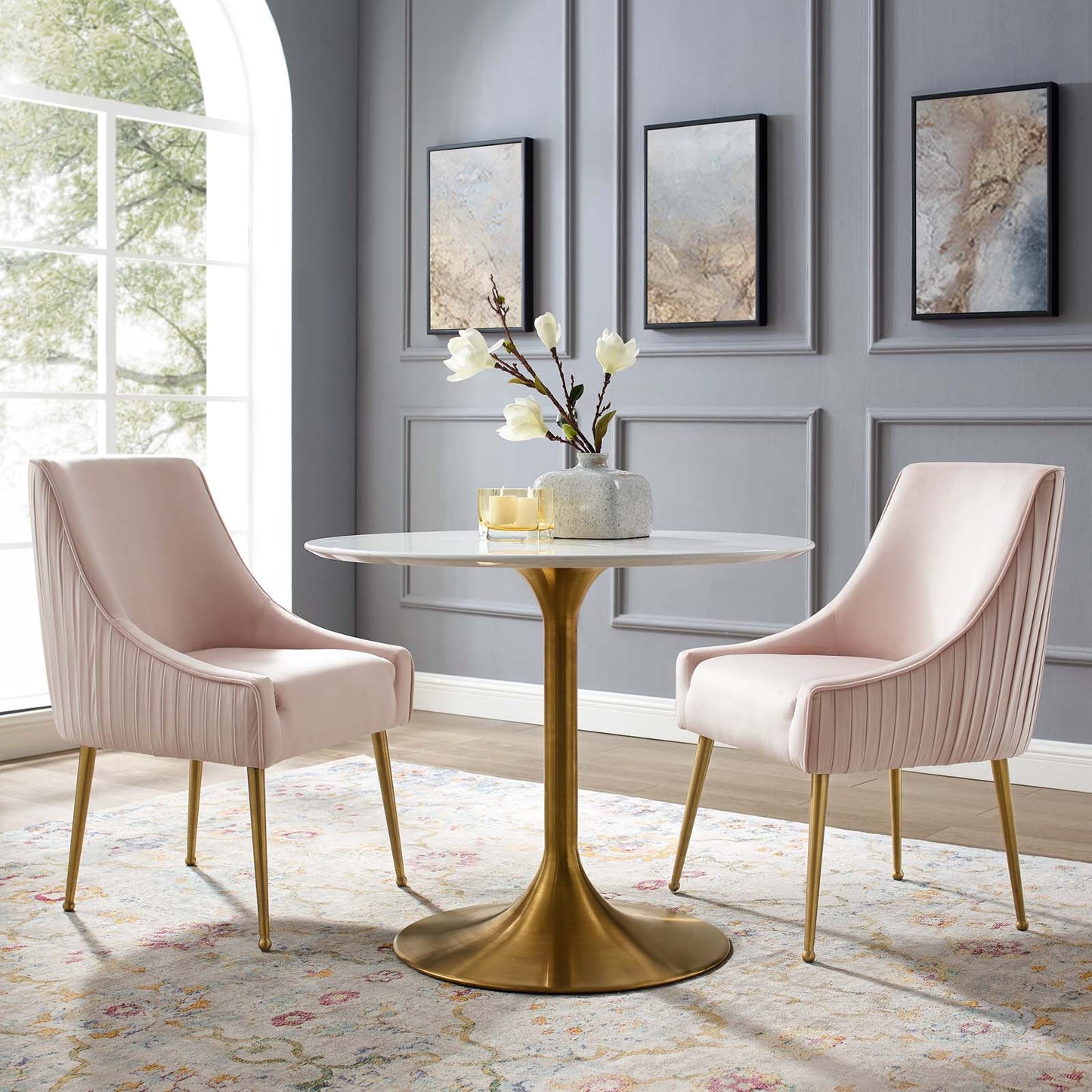 Discern Pleated Back Upholstered Performance Velvet Dining Chair Set of 2, Velvet, Metal Steel, Pink, 19384