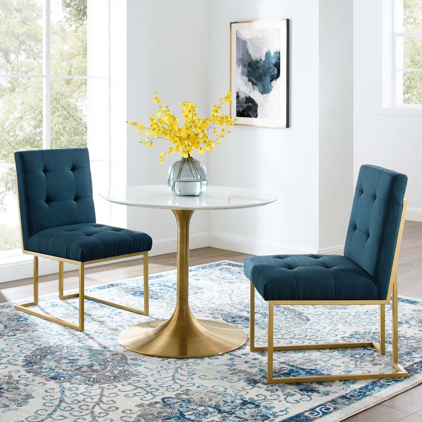 Privy Gold Stainless Steel Upholstered Fabric Dining Accent Chair Set of 2, Fabric, Metal Steel, Gold Navy Blue, 19392