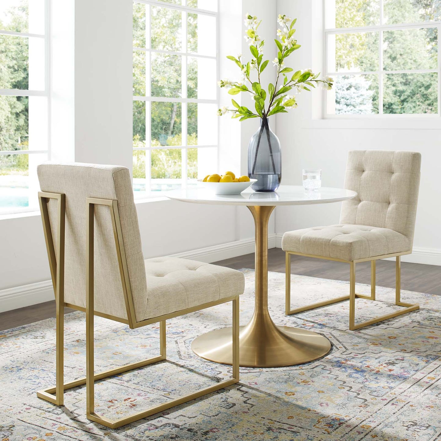 Privy Gold Stainless Steel Upholstered Fabric Dining Accent Chair Set of 2, Fabric, Metal Steel, Gold Beige, 19393