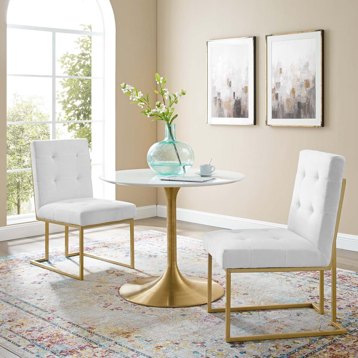 Privy Gold Stainless Steel Upholstered Fabric Dining Accent Chair Set of 2, Fabric, Metal Steel, Gold White, 19394