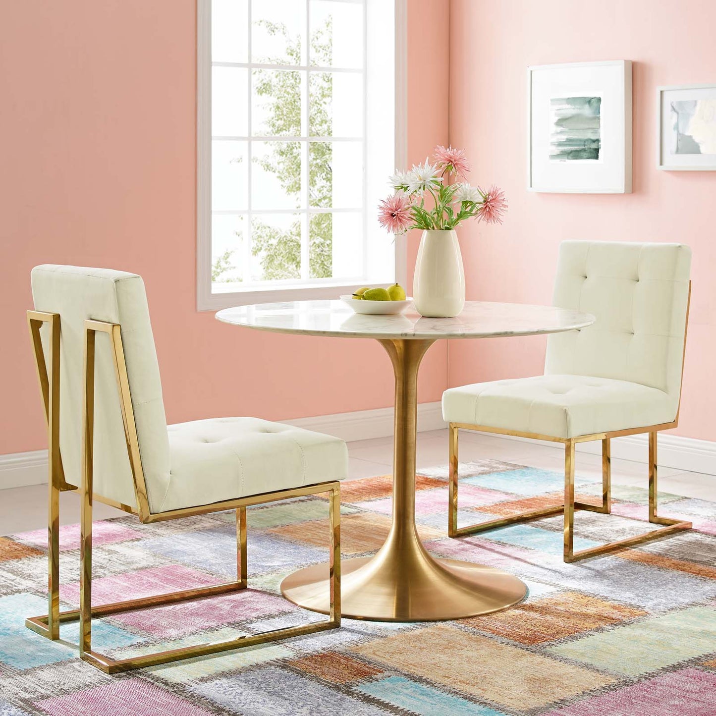 Privy Gold Stainless Steel Performance Velvet Dining Chair Set of 2, Velvet, Metal Steel, Gold Ivory White, 19398