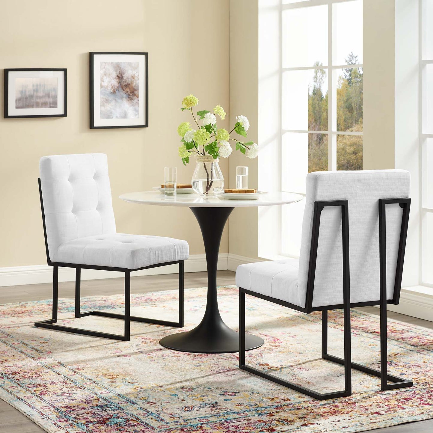Privy Black Stainless Steel Upholstered Fabric Dining Chair Set of 2, Fabric, Metal Steel, Black White, 19402