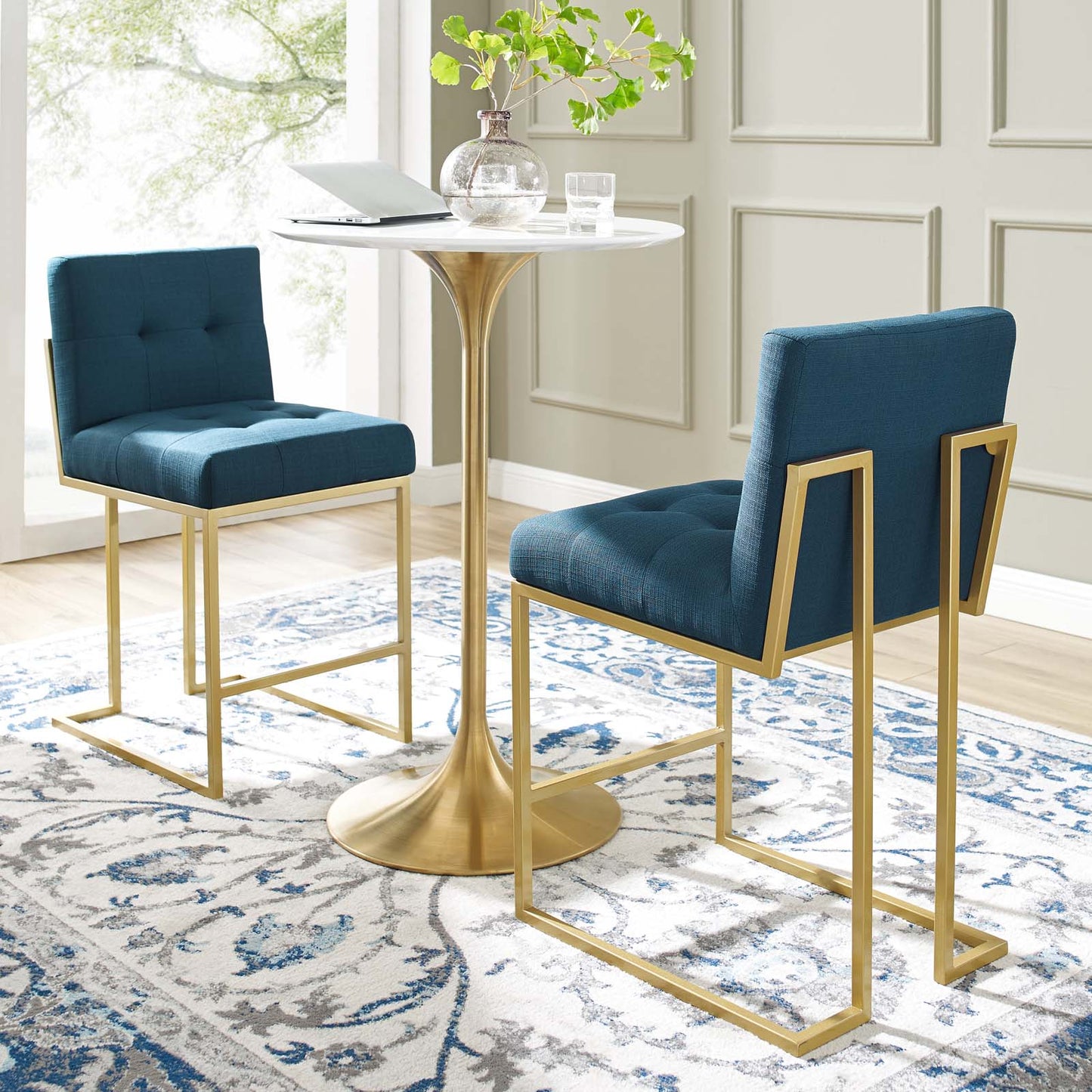 Privy Gold Stainless Steel Upholstered Fabric Counter Stool Set of 2, Fabric, Metal Steel, Gold Navy Blue, 19403