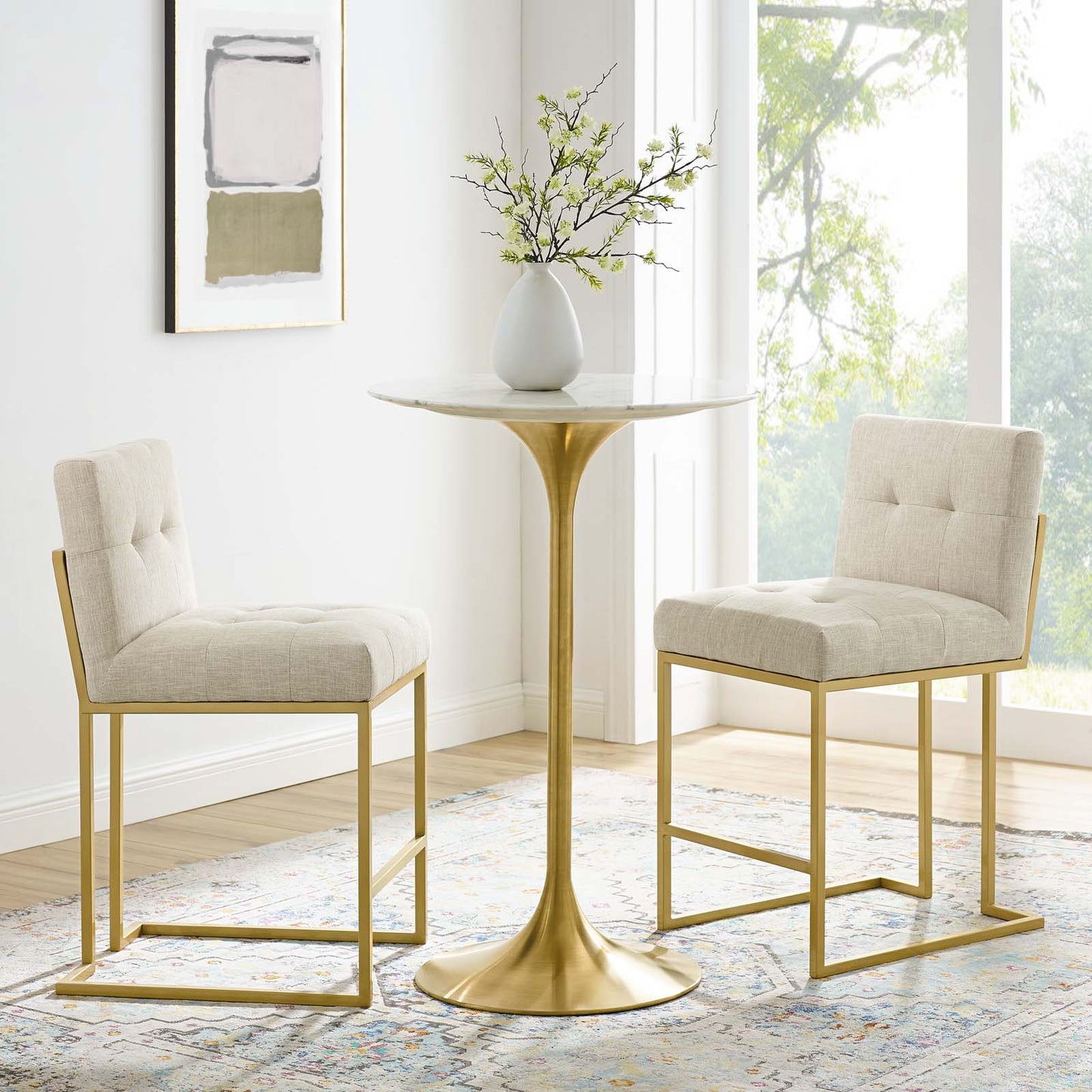 Privy Gold Stainless Steel Upholstered Fabric Counter Stool Set of 2, Fabric, Metal Steel, Gold Beige, 19404
