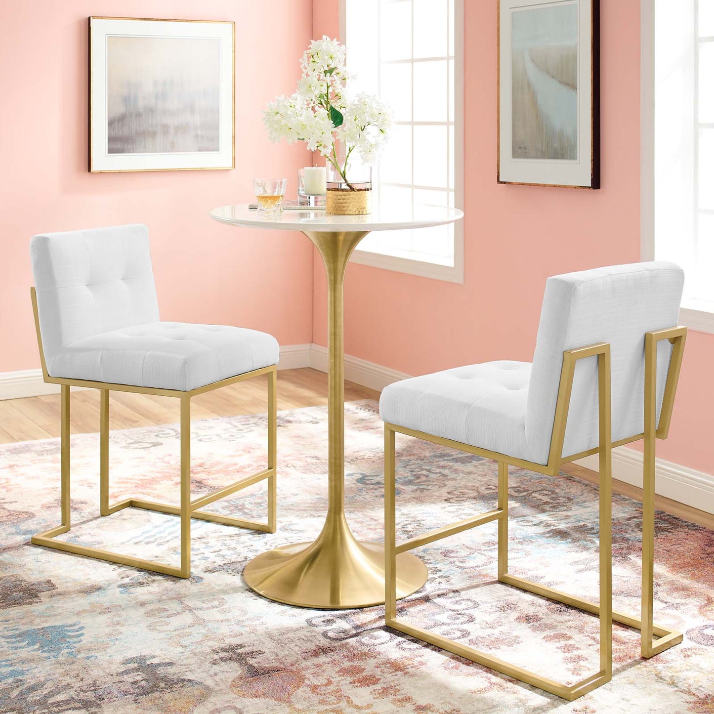 Privy Gold Stainless Steel Upholstered Fabric Counter Stool Set of 2, Fabric, Metal Steel, Gold White, 19406
