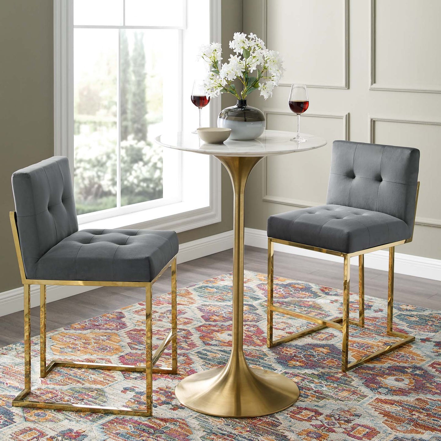 Privy Gold Stainless Steel Performance Velvet Counter Stool Set of 2, Velvet, Metal Steel, Gold Grey Gray, 19407