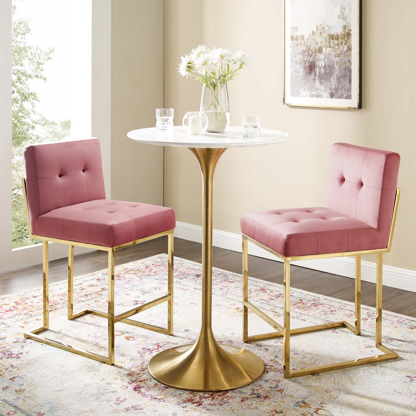 Privy Gold Stainless Steel Performance Velvet Counter Stool Set of 2, Velvet, Metal Steel, Gold Pink, 19408