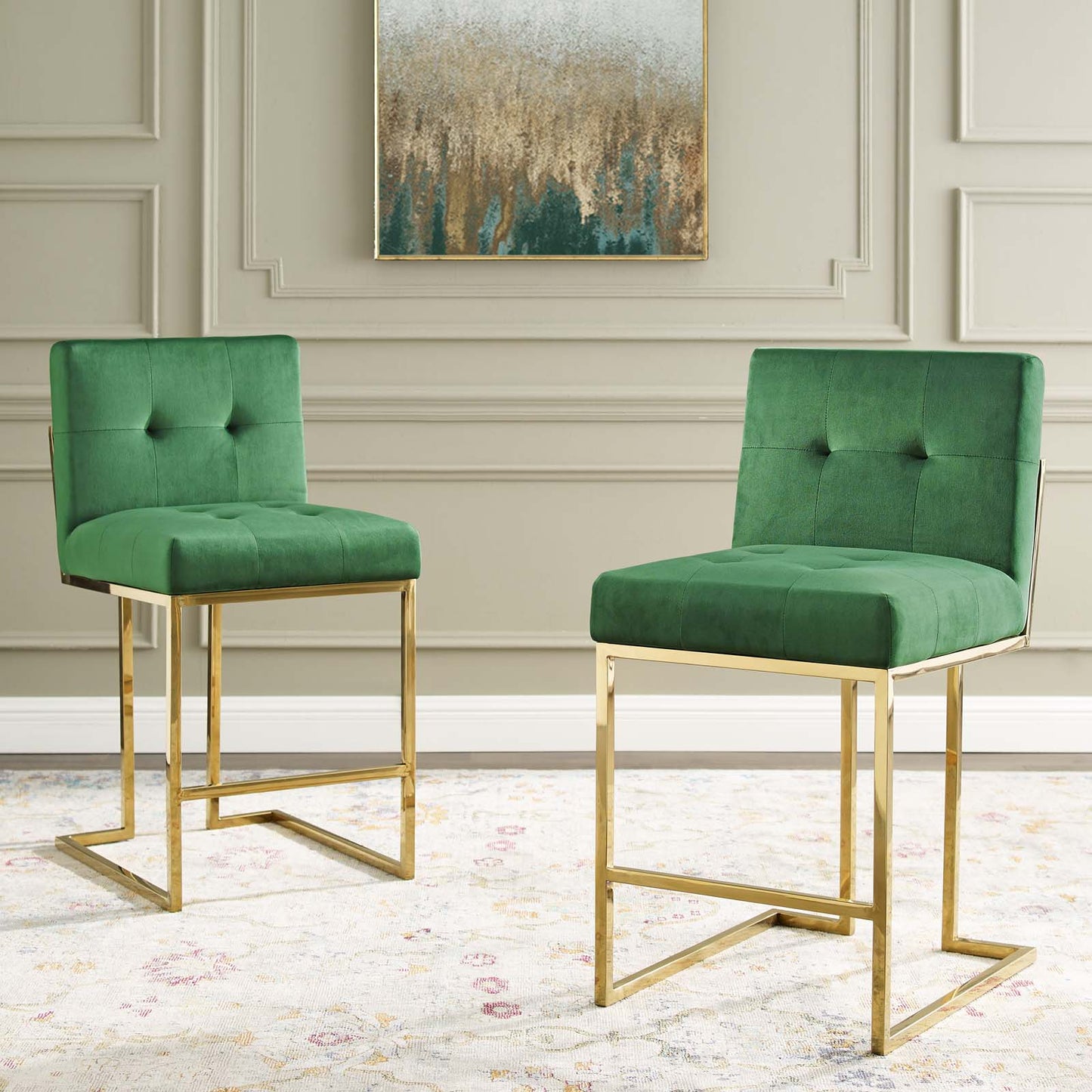 Privy Gold Stainless Steel Performance Velvet Counter Stool Set of 2, Velvet, Metal Steel, Gold Green, 19409