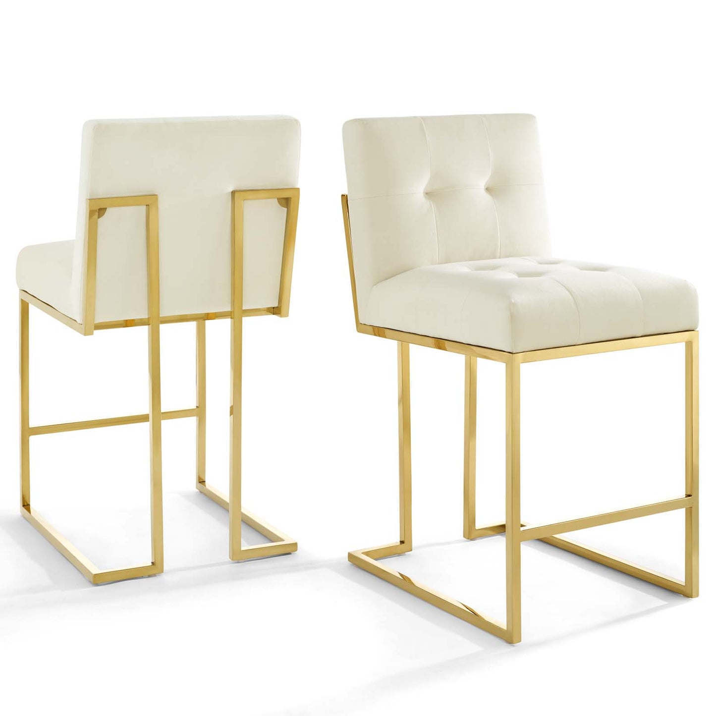 Privy Gold Stainless Steel Performance Velvet Counter Stool Set of 2, Velvet, Metal Steel, Gold Ivory White, 19410