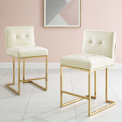 Privy Gold Stainless Steel Performance Velvet Counter Stool Set of 2, Velvet, Metal Steel, Gold Ivory White, 19410