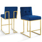 Privy Gold Stainless Steel Performance Velvet Counter Stool Set of 2, Velvet, Metal Steel, Gold Blue Navy, 19411