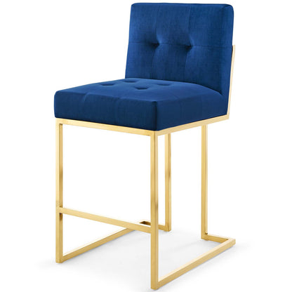Privy Gold Stainless Steel Performance Velvet Counter Stool Set of 2, Velvet, Metal Steel, Gold Blue Navy, 19411
