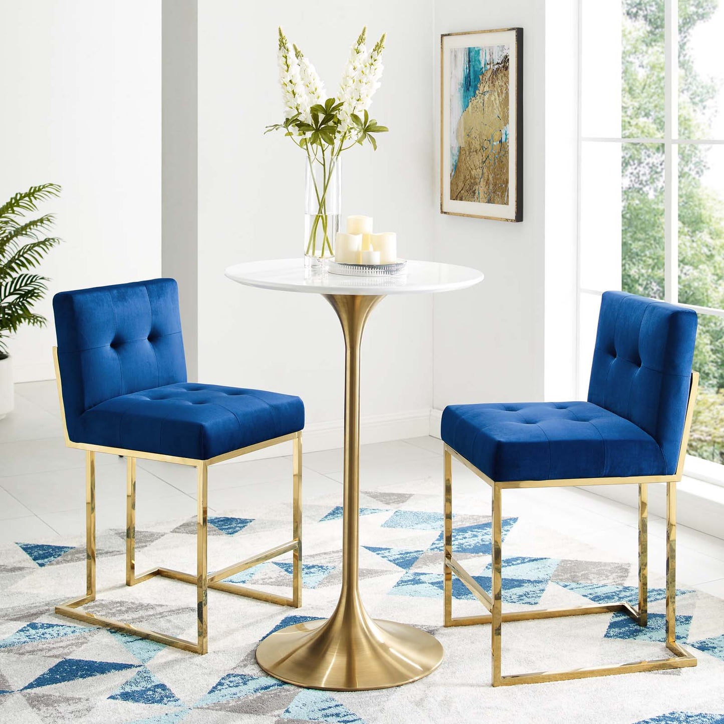 Privy Gold Stainless Steel Performance Velvet Counter Stool Set of 2, Velvet, Metal Steel, Gold Blue Navy, 19411