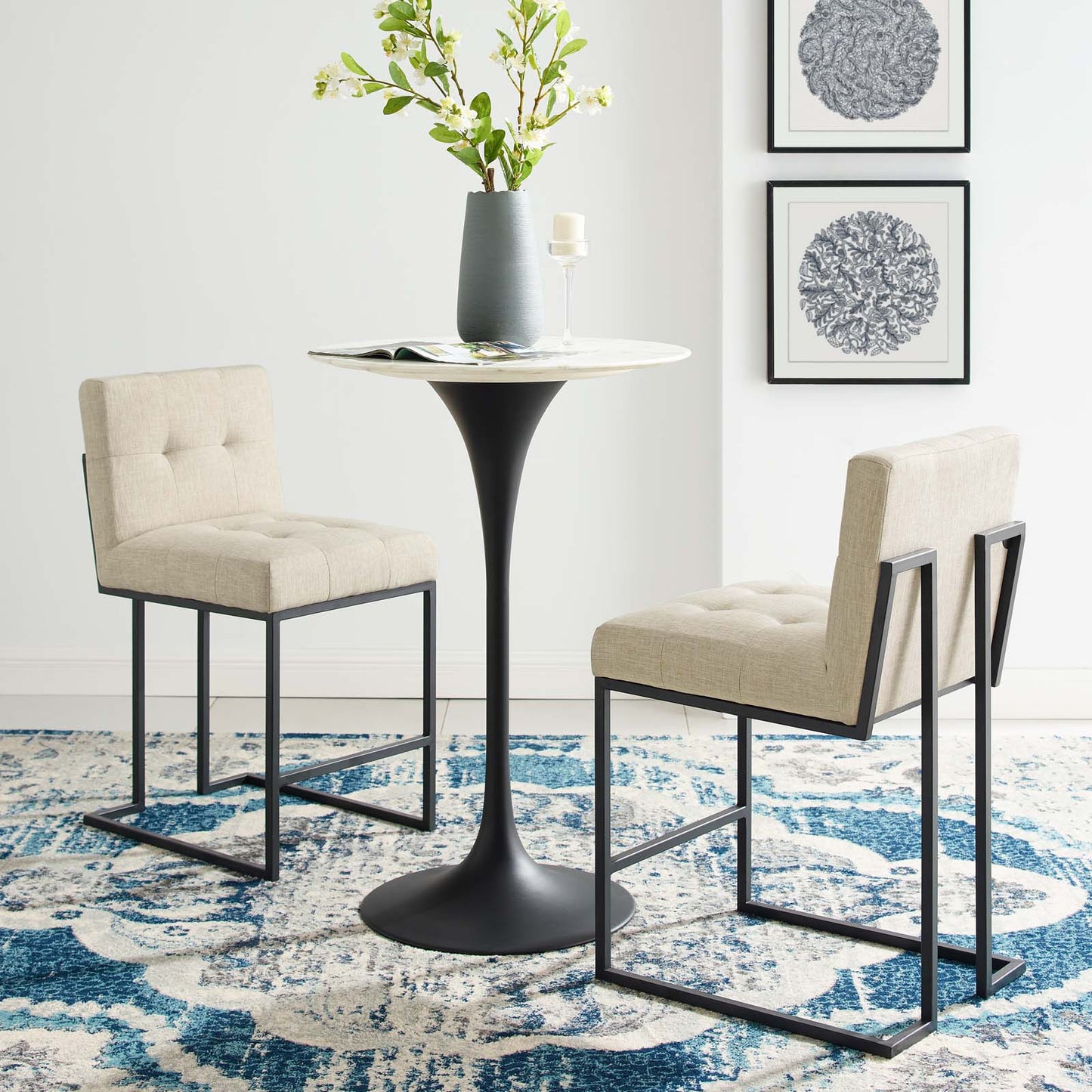Privy Black Stainless Steel Upholstered Fabric Counter Stool Set of 2, Fabric, Metal Steel, Black Beige, 19412