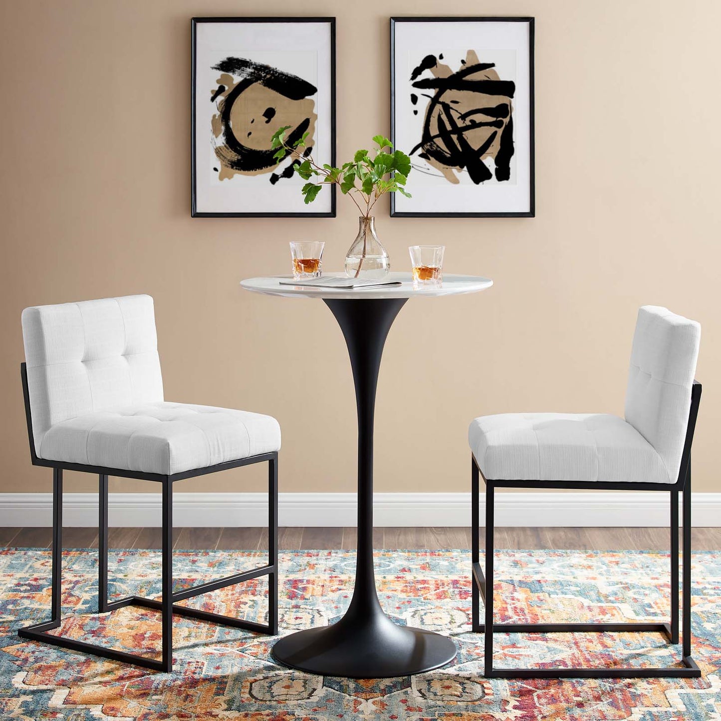 Privy Black Stainless Steel Upholstered Fabric Counter Stool Set of 2, Fabric, Metal Steel, Black White, 19414