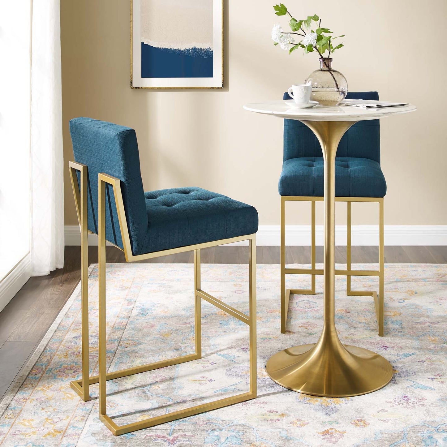 Privy Gold Stainless Steel Performance Velvet Bar Stool Set of 2, Velvet, Metal Steel, Gold Navy Blue, 19415